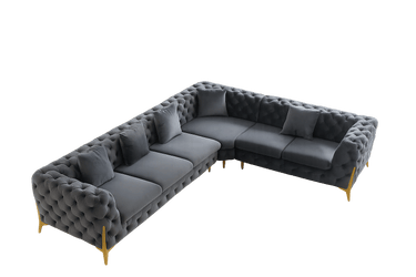 Rocky Chesterfield L-Shaped Corner Sofa Set - Elegant Grey Velvet with Gold Legs - UK Luxury Furniture